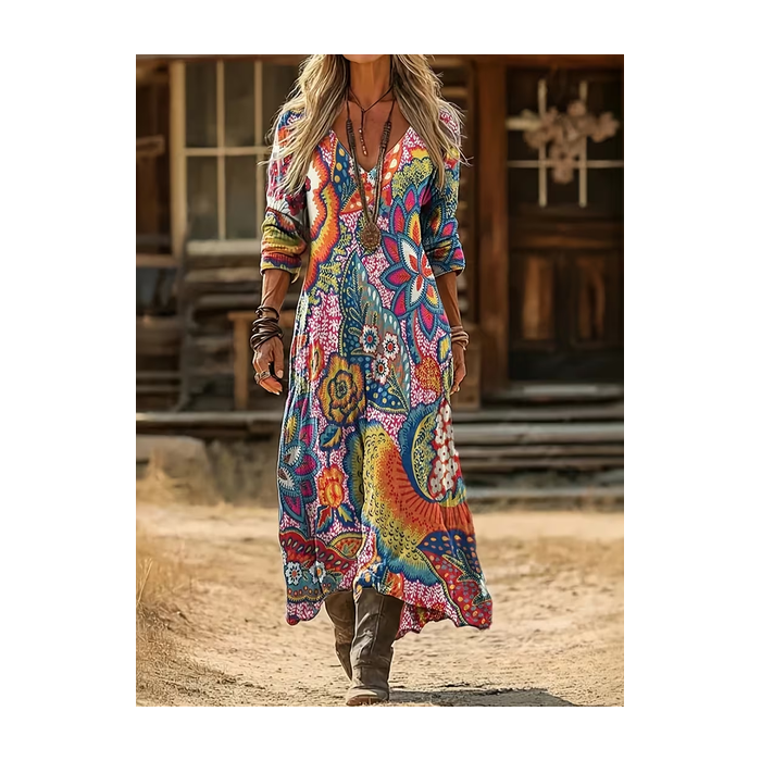 Women Floral Long Sleeve V Neck Printing Dress Daily Vintage Maxi H-Line Spring/Fall Dress