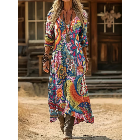 Women Floral Long Sleeve V Neck Printing Dress Daily Vintage Maxi H-Line Spring/Fall Dress