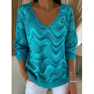 Women Abstract Long Sleeve Tee T-shirt V Neck Printing Casual Spring/Fall Top