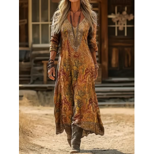 Women Abstract Long Sleeve V Neck Printing Dress Daily Vintage Maxi H-Line Spring/Fall Dress