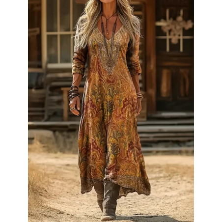 Women Abstract Long Sleeve V Neck Printing Dress Daily Vintage Maxi H-Line Spring/Fall Dress