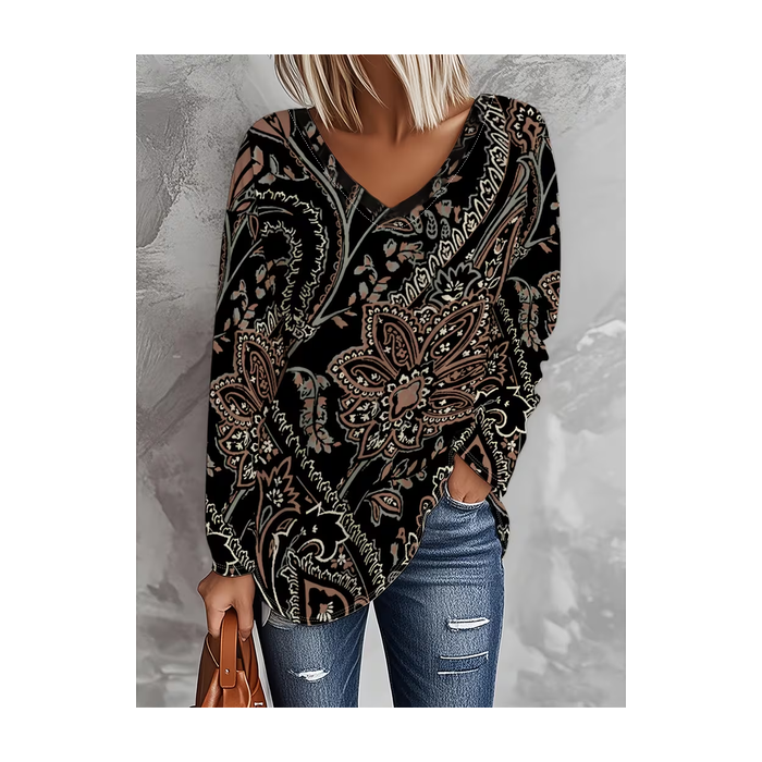 Women Floral Long Sleeve Tee T-shirt V Neck Printing Casual Spring/Fall Graphic Tee Top