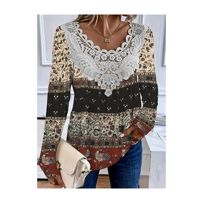 Women Abstract Long Sleeve Tee T-shirt Crew Neck Printing Casual Graphic Tee Spring/Fall Top