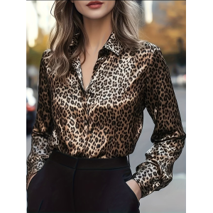 Women Leopard Shawl Collar Long Sleeve Shirt Casual Daily Spring/Fall Top