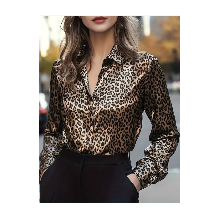 Women Leopard Shawl Collar Long Sleeve Shirt Casual Daily Spring/Fall Top