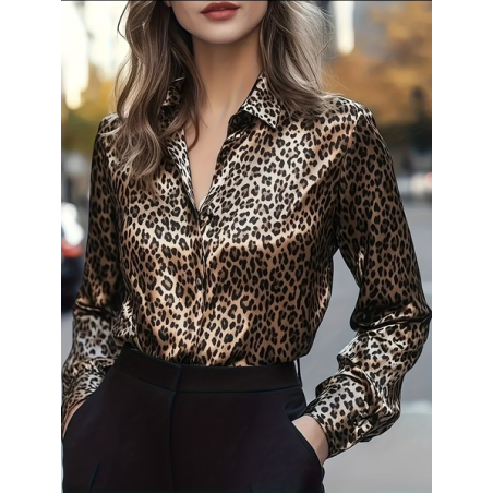 Women Leopard Shawl Collar Long Sleeve Shirt Casual Daily Spring/Fall Top