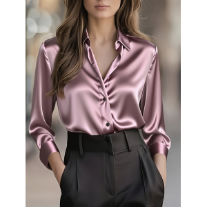 Women Plain Shawl Collar Long Sleeve Shirt Casual Daily Spring/Fall Top