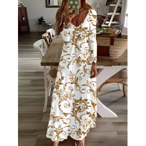 Women Floral Long Sleeve Spring/Fall Printing Dress V Neck Daily Casual Maxi H-Line Dress