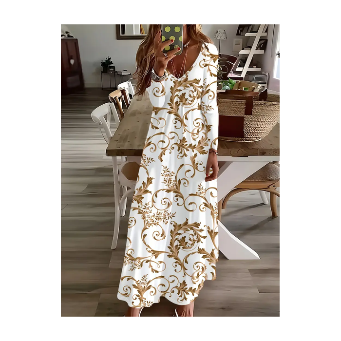 Women Floral Long Sleeve Spring/Fall Printing Dress V Neck Daily Casual Maxi H-Line Dress