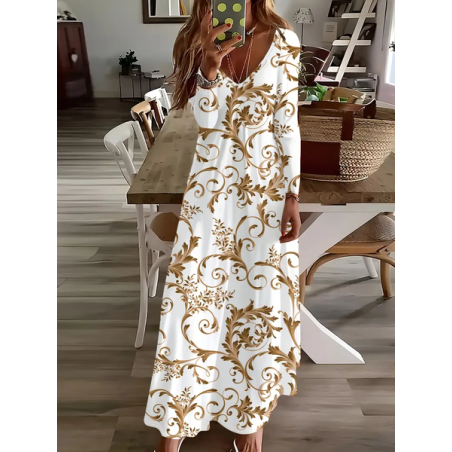 Women Floral Long Sleeve Spring/Fall Printing Dress V Neck Daily Casual Maxi H-Line Dress
