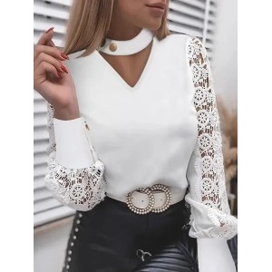 Women Plain V Neck Long Sleeve Shirt Jacquard Casual Daily Spring/Fall Top