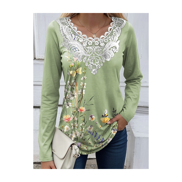 Women Floral Long Sleeve Tee T-shirt Crew Neck Printing Casual Graphic Tee Spring/Fall Top