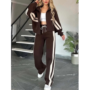 Women Striped Split Joint Two-Piece Set Daily Long Sleeve Casual Spring/Fall Top With Pants Matching Set