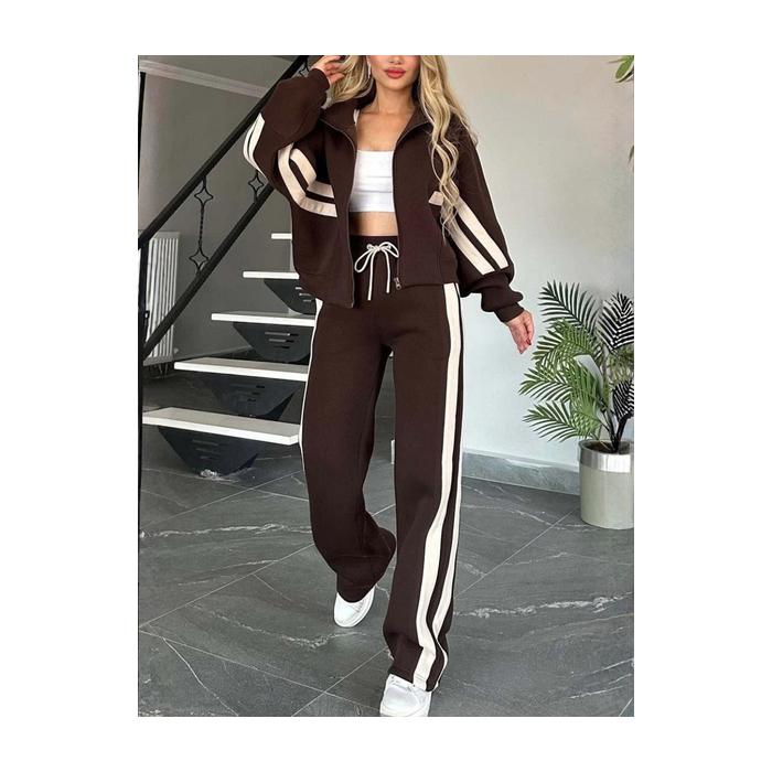 Women Striped Split Joint Two-Piece Set Daily Long Sleeve Casual Spring/Fall Top With Pants Matching Set