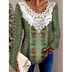 Women Abstract Long Sleeve Tee T-shirt Crew Neck Printing Casual Graphic Tee Spring/Fall Top