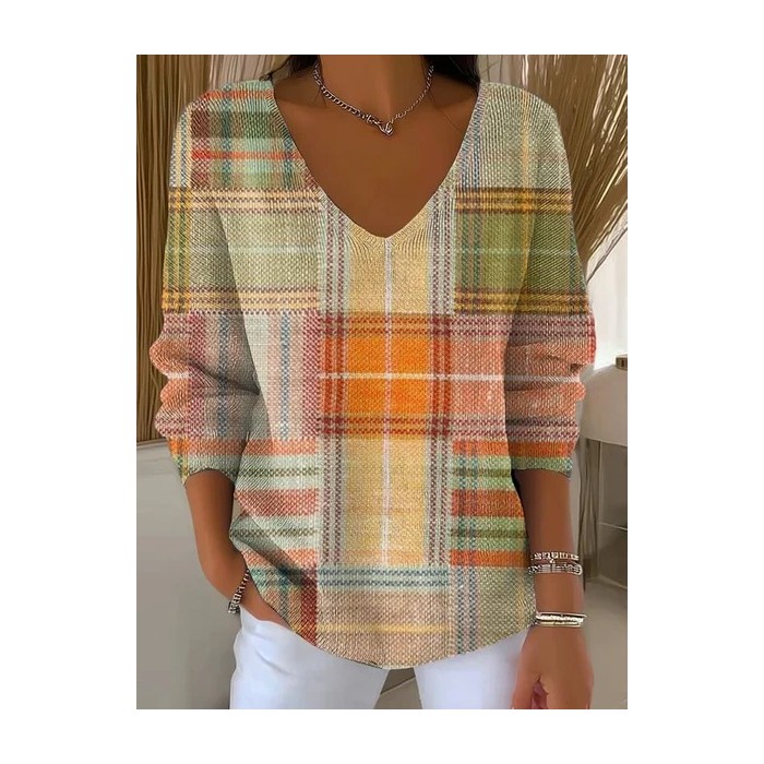 Women Plaid Long Sleeve Tee T-shirt V Neck Printing Casual Spring/Fall Top