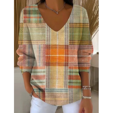 Women Plaid Long Sleeve Tee T-shirt V Neck Printing Casual Spring/Fall Top