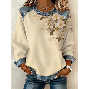 Women Floral Crew Neck Printing Vintage Spring/Fall Long Sleeve Sweatshirt