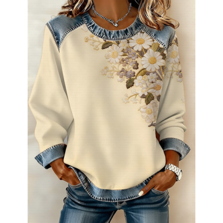 Women Floral Crew Neck Printing Vintage Spring/Fall Long Sleeve Sweatshirt