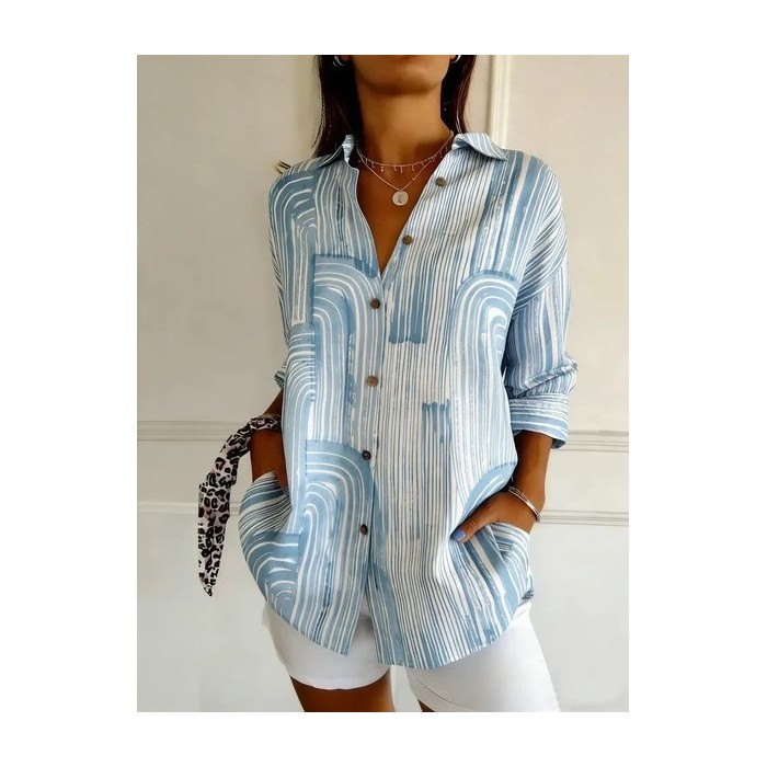 Women Striped Shawl Collar Long Sleeve Shirt Casual Daily Spring/Fall Top