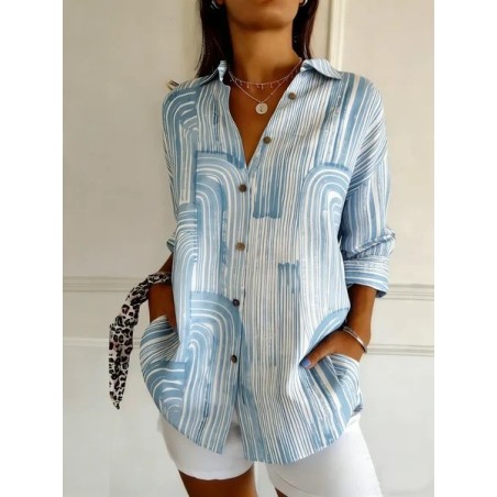 Women Striped Shawl Collar Long Sleeve Shirt Casual Daily Spring/Fall Top