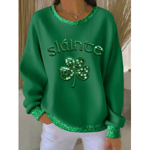 Women Shamrock Crew Neck Printing Casual Spring/Fall Long Sleeve Sweatshirt