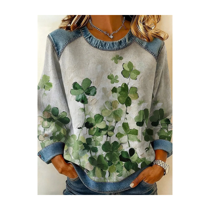 Women Shamrock Crew Neck Printing Vintage Spring/Fall Long Sleeve Sweatshirt
