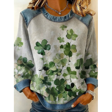 Women Shamrock Crew Neck Printing Vintage Spring/Fall Long Sleeve Sweatshirt