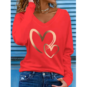 Women Heart/Cordate Long Sleeve Tee T-shirt V Neck Printing Casual Graphic Tee Spring/Fall Top