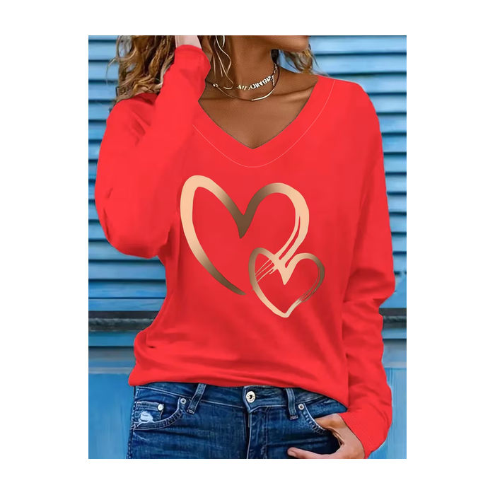 Women Heart/Cordate Long Sleeve Tee T-shirt V Neck Printing Casual Graphic Tee Spring/Fall Top