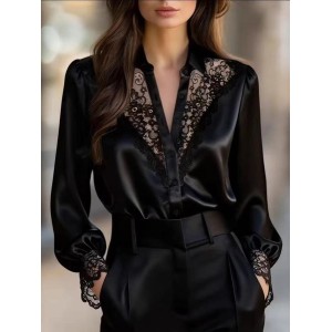 Women Plain Shawl Collar Long Sleeve Shirt Elegant Commuting Spring/Fall Top