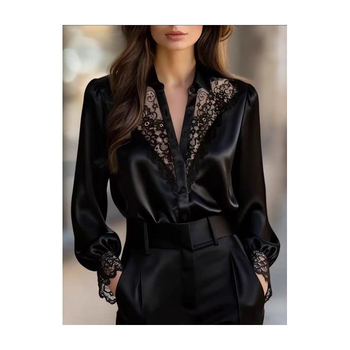 Women Plain Shawl Collar Long Sleeve Shirt Elegant Commuting Spring/Fall Top