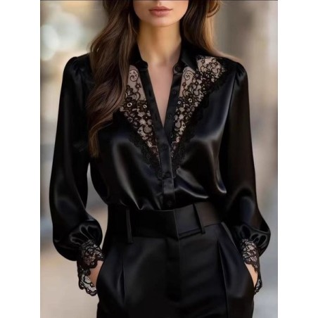 Women Plain Shawl Collar Long Sleeve Shirt Elegant Commuting Spring/Fall Top