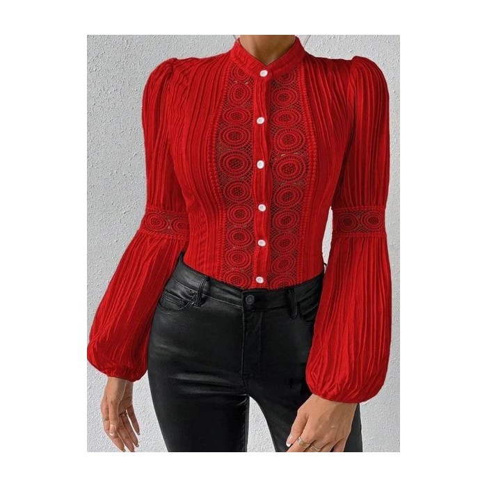 Women Geometric Crew Neck Long Sleeve Shirt Split Joint Balloon Sleeve Vintage Daily Spring/Fall Top