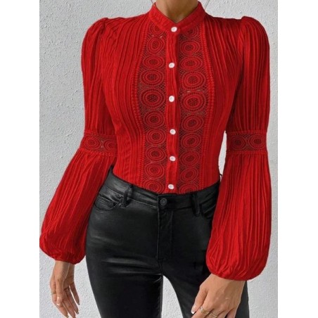 Women Geometric Crew Neck Long Sleeve Shirt Split Joint Balloon Sleeve Vintage Daily Spring/Fall Top