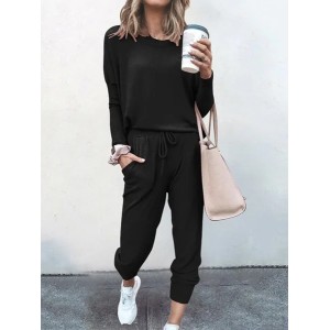 Women Plain Split Joint Two-Piece Set Daily Long Sleeve Casual Spring/Fall Top With Pants Matching Set