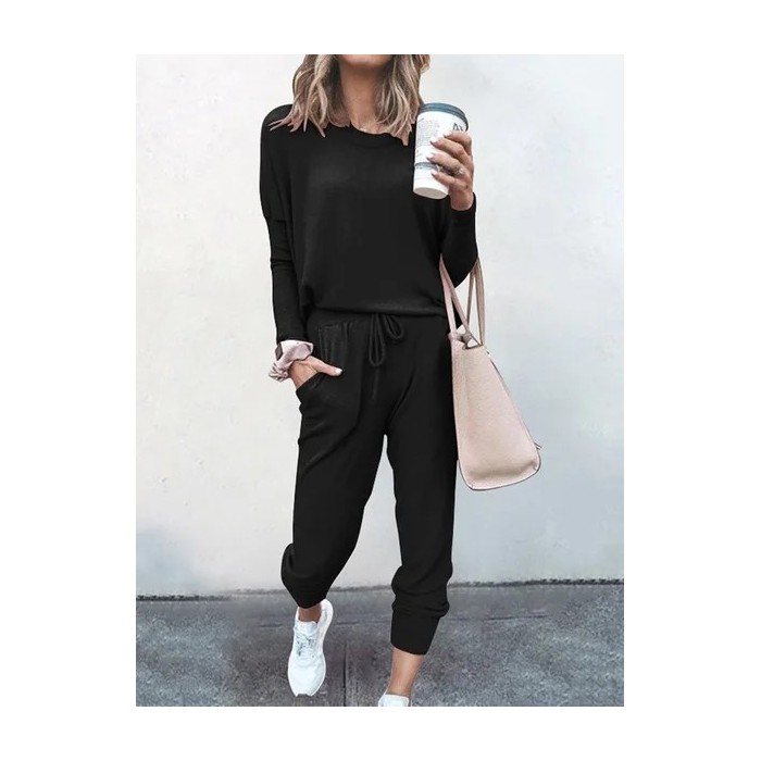 Women Plain Split Joint Two-Piece Set Daily Long Sleeve Casual Spring/Fall Top With Pants Matching Set
