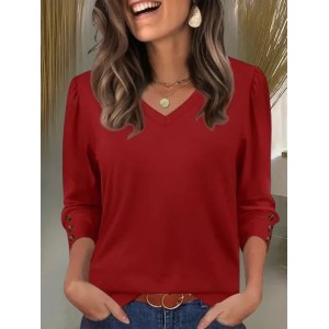 Women Plain Long Sleeve Tee T-shirt V Neck Split Joint Casual Spring/Fall Top