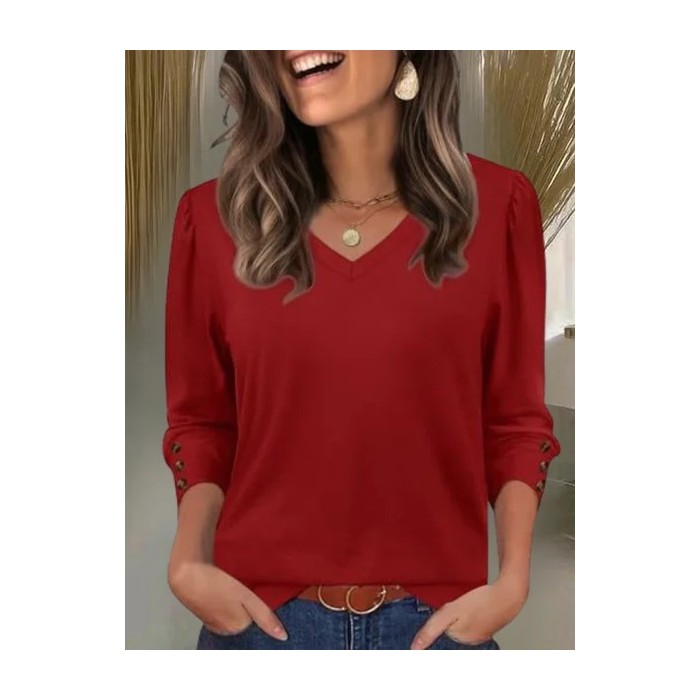 Women Plain Long Sleeve Tee T-shirt V Neck Split Joint Casual Spring/Fall Top