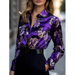 Women Floral Shawl Collar Long Sleeve Shirt Casual Daily Spring/Fall Top