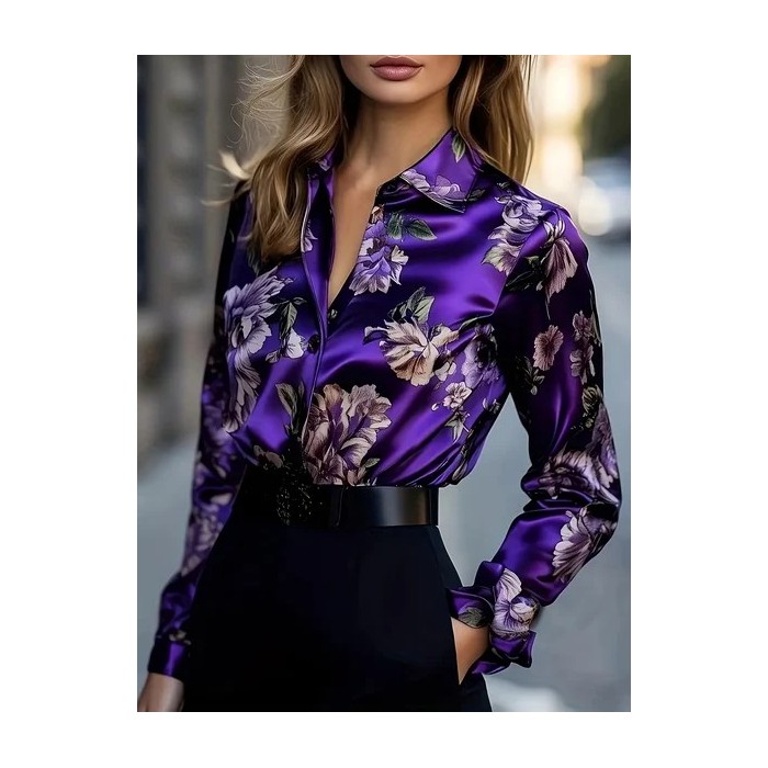 Women Floral Shawl Collar Long Sleeve Shirt Casual Daily Spring/Fall Top