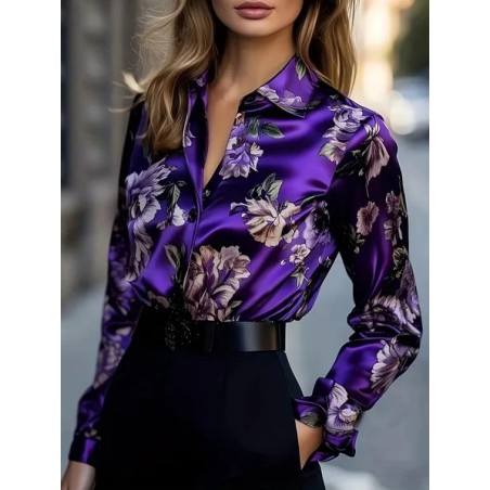 Women Floral Shawl Collar Long Sleeve Shirt Casual Daily Spring/Fall Top