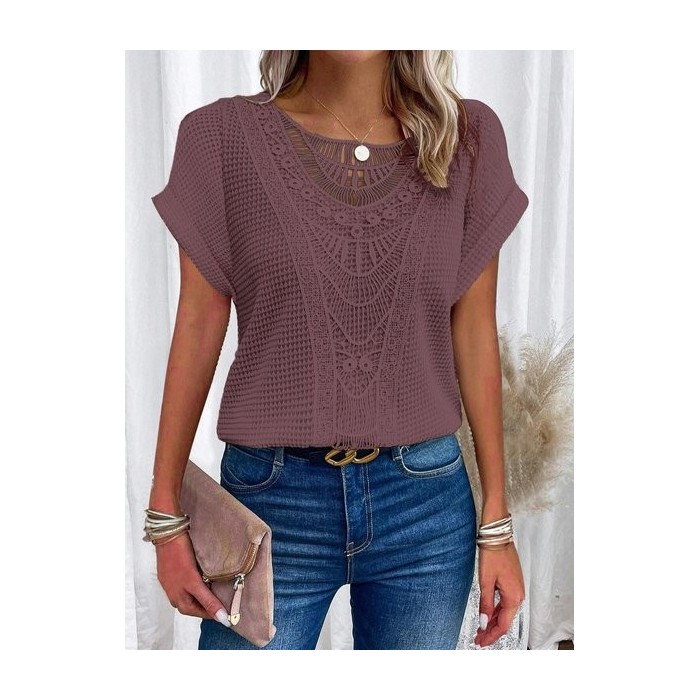 Women Plain Short Sleeve Tee T-shirt Crew Neck Elegant Summer Top
