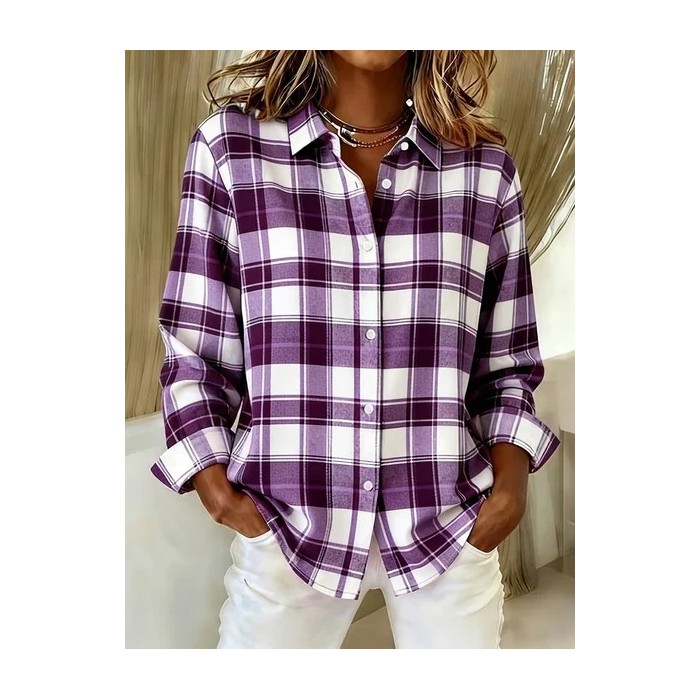Women Plaid Shirt Collar Long Sleeve Shirt Buckle Regular Sleeve Casual Daily Spring/Fall Top
