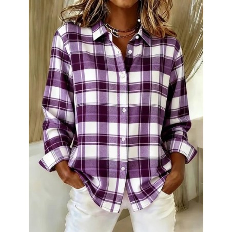 Women Plaid Shirt Collar Long Sleeve Shirt Buckle Regular Sleeve Casual Daily Spring/Fall Top