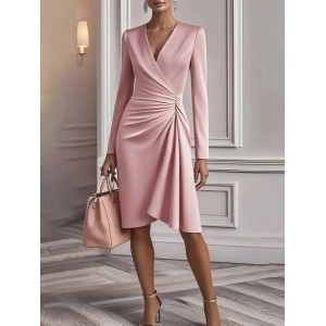 Women Plain Long Sleeve V Neck Dress Commuting Elegant Midi Fit & Flare Dress A-Line Spring/Fall Dress