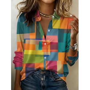 Women Abstract Shawl Collar Long Sleeve Shirt Casual Daily Spring/Fall Top