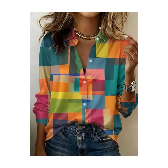 Women Abstract Shawl Collar Long Sleeve Shirt Casual Daily Spring/Fall Top