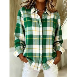Women Plaid Shirt Collar Long Sleeve Shirt Buckle Regular Sleeve Casual Daily Spring/Fall Top