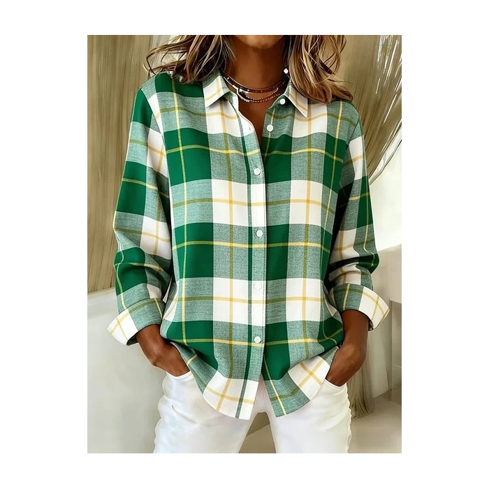 Women Plaid Shirt Collar Long Sleeve Shirt Buckle Regular Sleeve Casual Daily Spring/Fall Top